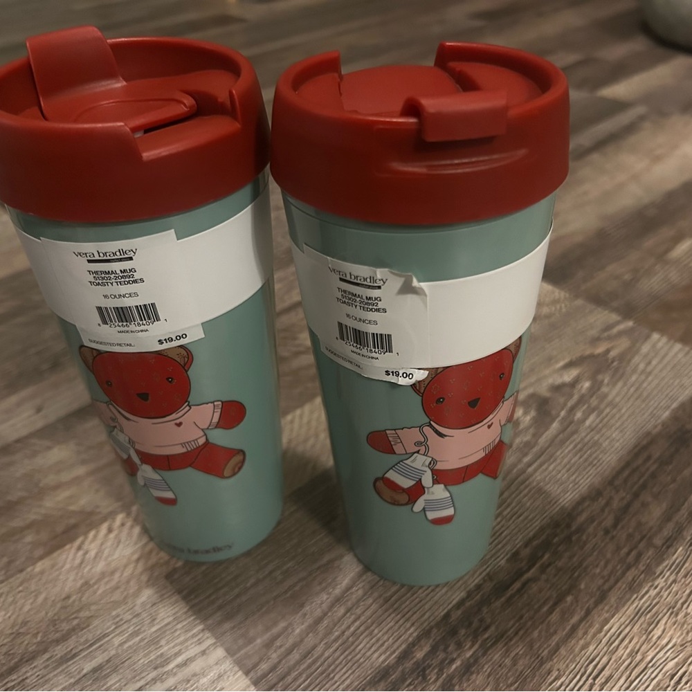 Vera Bradley Red and Teal Bear Thermos Pair